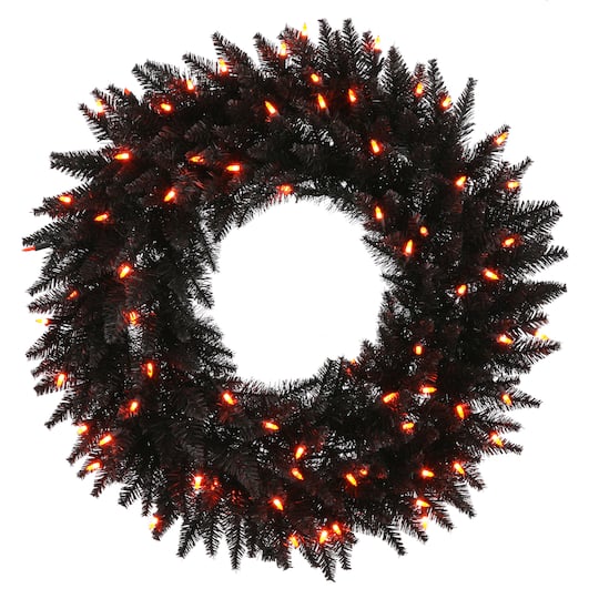 24" Pre-Lit Black Fir Artificial Christmas Wreath, Orange Dura-Lit LED Lights